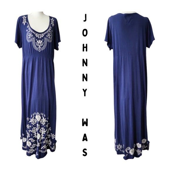 JOHNNY WAS Blue Embroidered Long Cotton Boho Maxi Dress - Women's Plus Size 2X - Picture 1 of 6